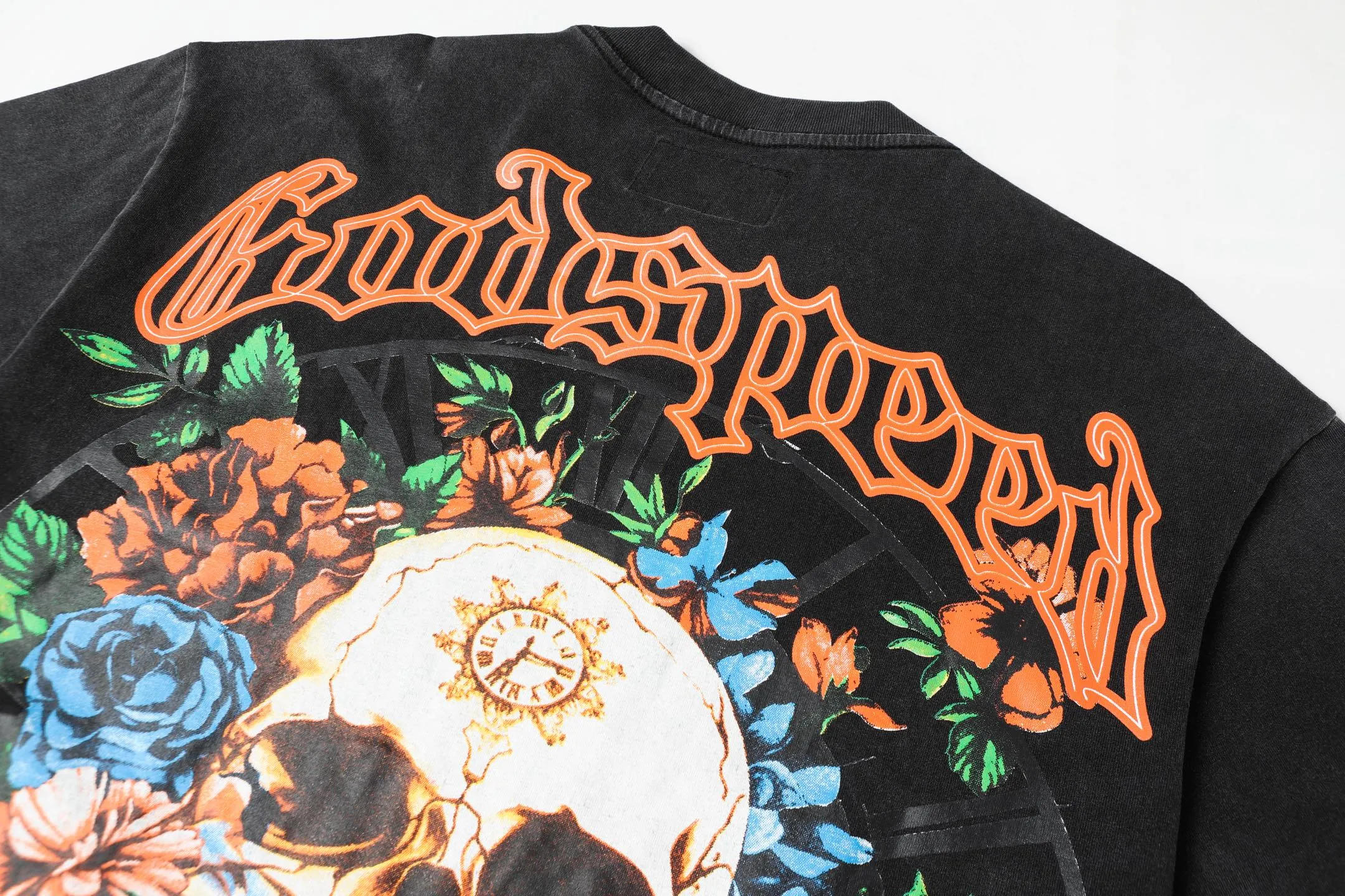 6046# washed black｜P116 Godspeed cross-border American rock and roll street washed retro style short-sleeved T (craft printing) fabric (fabric): 32 count combed double yarn 250 grams weight code (size): S-M-L-XL color (colour): washed black 👉