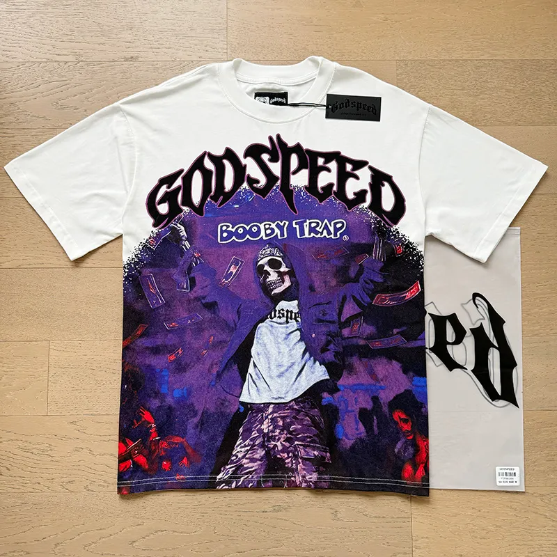 3115# P106 Real shot Godspeed American fashion rock street retro loose printed cotton short sleeves Fabric: 240g 32 count fine cotton double yarn pure cotton Color: off-white Size: S M L XL