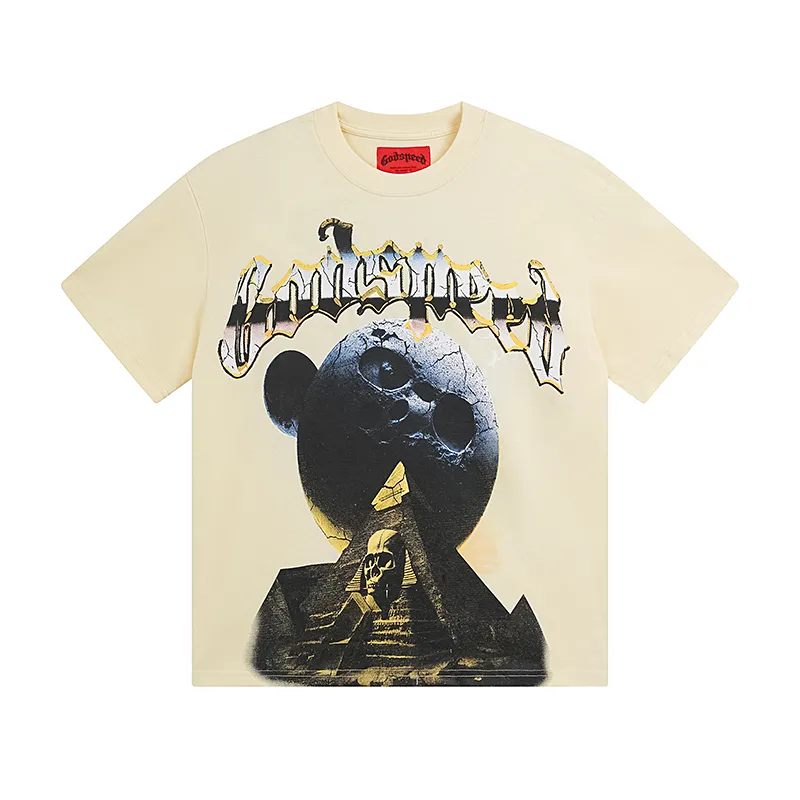 3080# P9050 Real shot Godspeed American fashion rock street retro loose printed cotton short sleeves Fabric: 240g 32 count fine cotton double yarn pure cotton Color: apricot Size: S M L XL