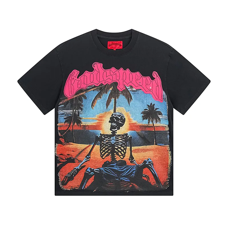 1052# P126 Washed Black Real Shot Godspeed American Fashion Rock Street Retro Washed Distressed Printed Cotton Short Sleeves Fabric: 250g 32 Count Fine Cotton Double Yarn Pure Cotton Color: Washed Black Size: S M L XL