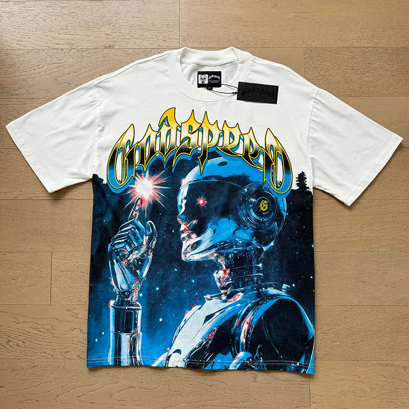 3126# P106 Real shot Godspeed American fashion rock street retro loose printed cotton short sleeves Fabric: 240g 32 count fine cotton double yarn pure cotton Color: off-white Size: S M L XL