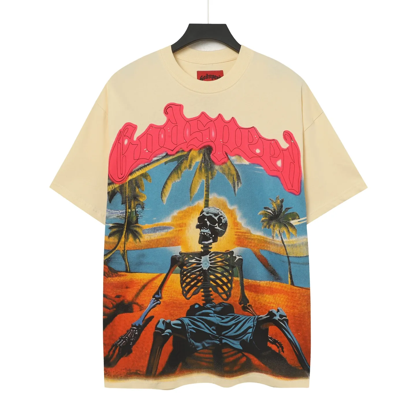 5042#apricot|P104 Godspeed cross-border American rock and roll street washed retro style short-sleeved T (craft printing) fabric (fabric) 32-count combed double yarn 240 grams weight code number (size): S-M-L-XL color (colour): apricot