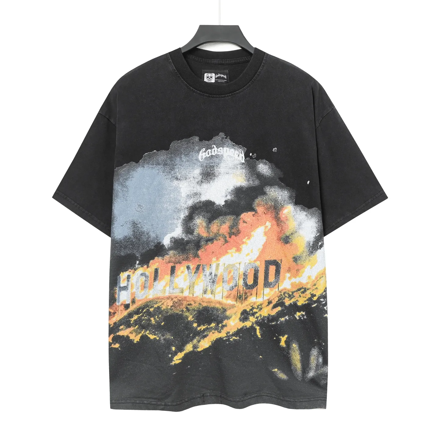 6003#washed black｜P116 Godspeed cross-border American rock and roll street washed retro style short-sleeved T (craft printing) fabric (fabric): 32 count combed double yarn 250g weight code number (size): S-M-L-XL color (colour): washed black