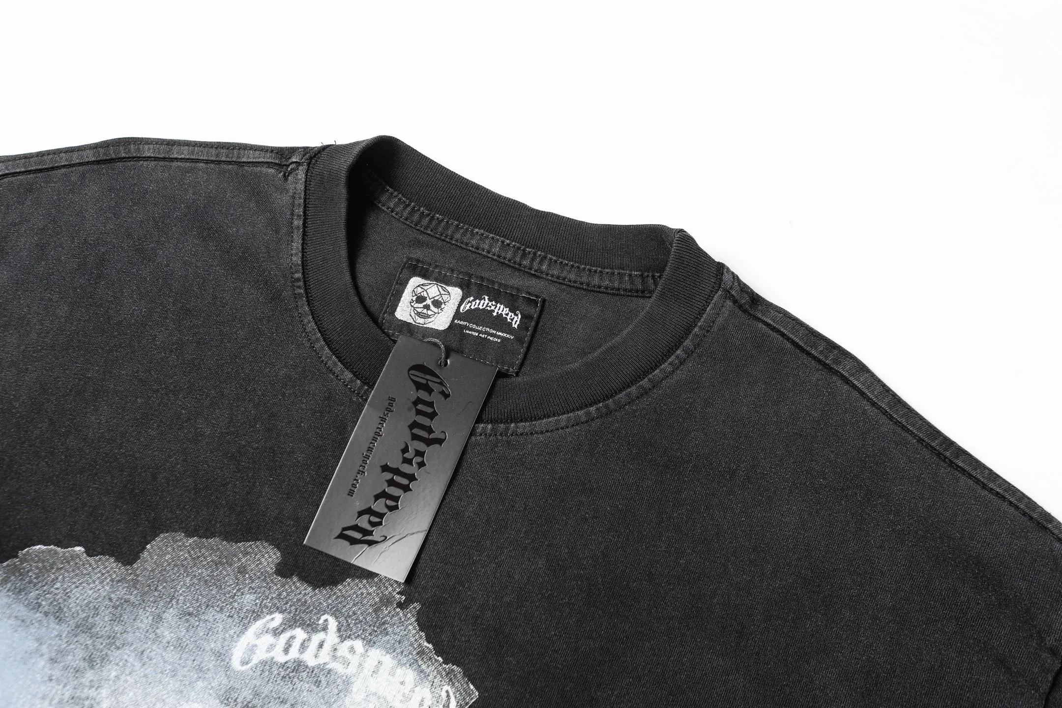 6003#washed black｜P116 Godspeed cross-border American rock and roll street washed retro style short-sleeved T (craft printing) fabric (fabric): 32 count combed double yarn 250g weight code number (size): S-M-L-XL color (colour): washed black
