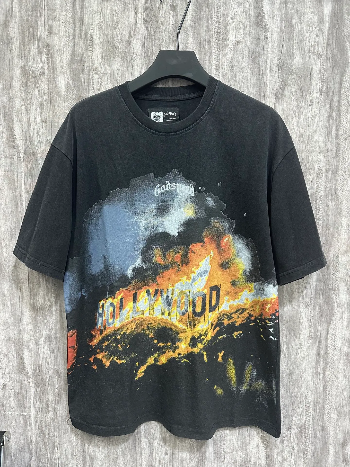 6003#washed black｜P116 Godspeed cross-border American rock and roll street washed retro style short-sleeved T (craft printing) fabric (fabric): 32 count combed double yarn 250g weight code number (size): S-M-L-XL color (colour): washed black
