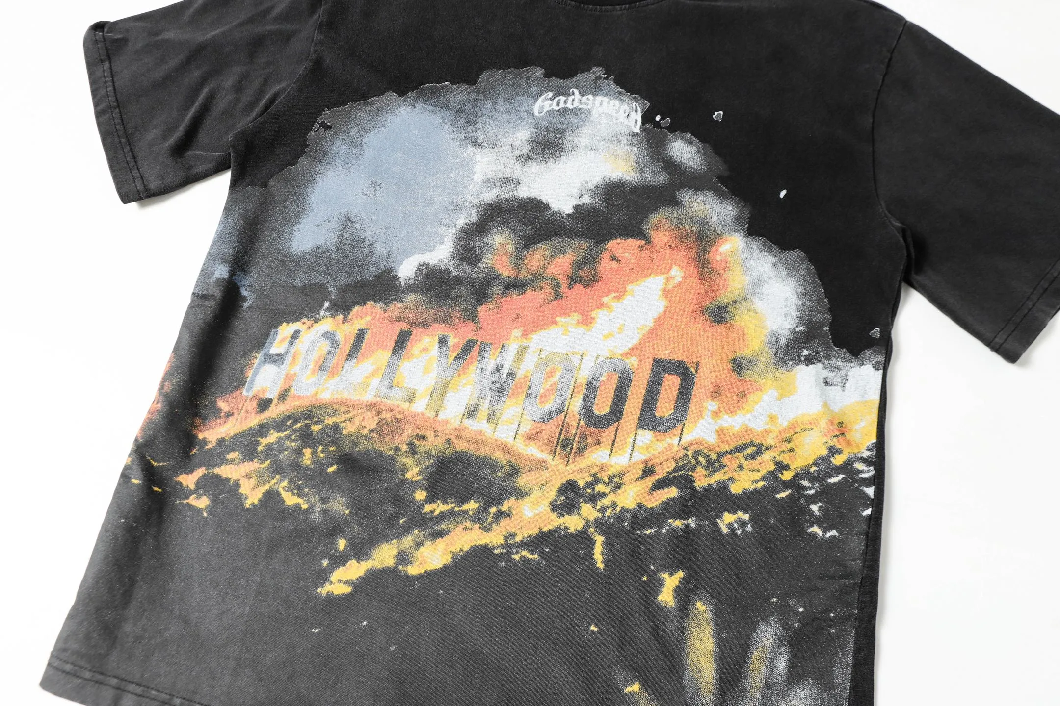 6003#washed black｜P116 Godspeed cross-border American rock and roll street washed retro style short-sleeved T (craft printing) fabric (fabric): 32 count combed double yarn 250g weight code number (size): S-M-L-XL color (colour): washed black