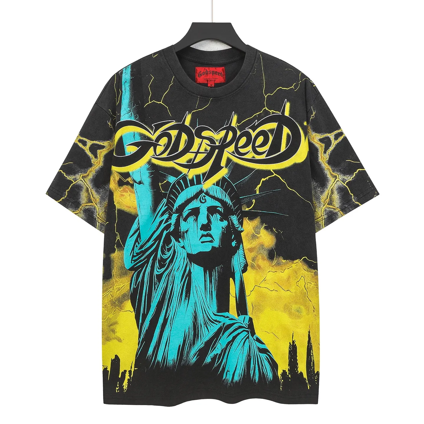 6301# Washed Black-Yellow | P116 Actual Spot (Beautiful Fashion Niche) Godspeed Cross-Border American Rock Street Washed Retro Style Short Sleeve T (Craft Printing) Fabric: 32 Count Combed Double Yarn 250g Weight Size: S-M-L-XL Color: Washed Black-Yellow