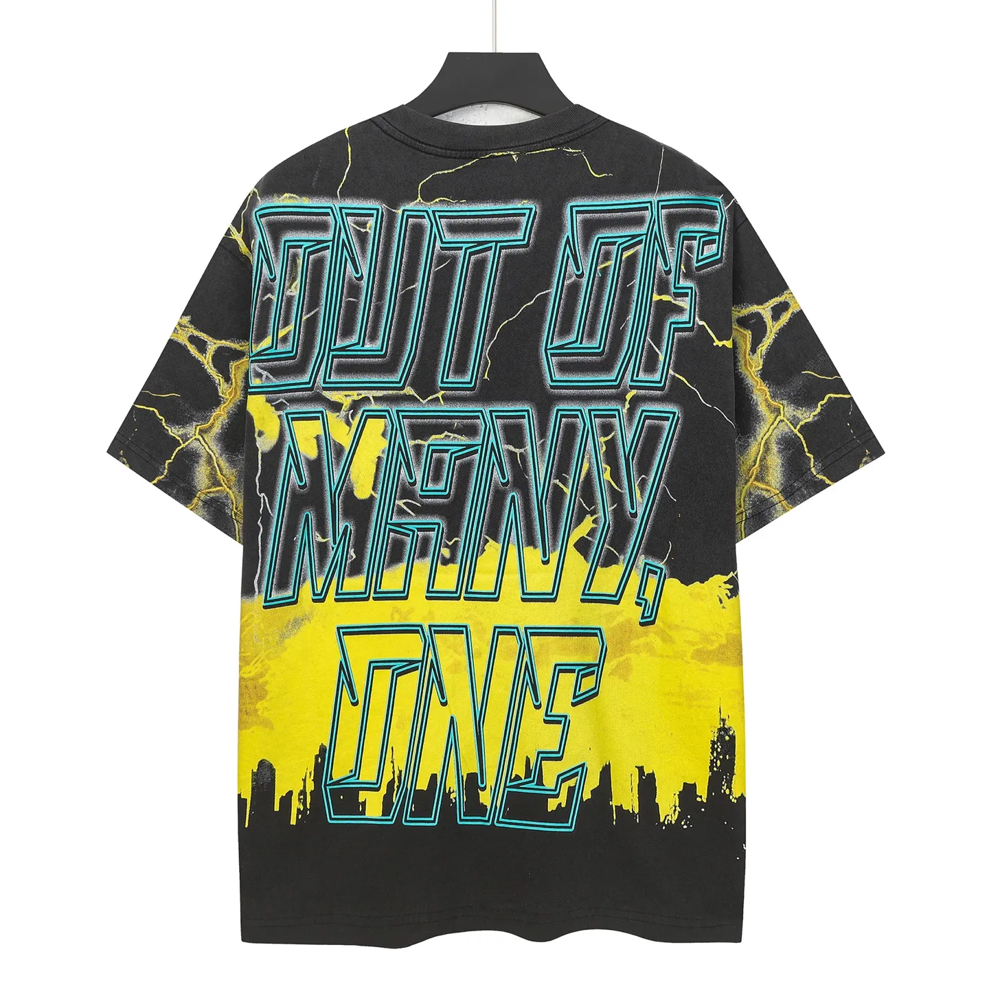 6301# Washed Black-Yellow | P116 Actual Spot (Beautiful Fashion Niche) Godspeed Cross-Border American Rock Street Washed Retro Style Short Sleeve T (Craft Printing) Fabric: 32 Count Combed Double Yarn 250g Weight Size: S-M-L-XL Color: Washed Black-Yellow