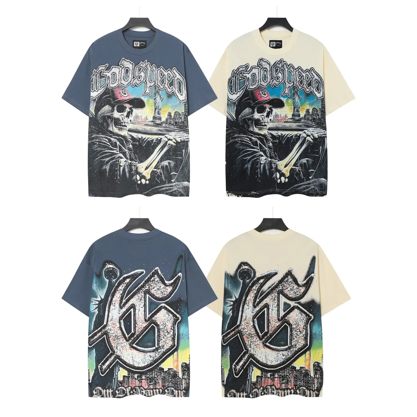 5093#sea blue/apricot P106 Godspeed cross-border American rock and roll street wash retro style short-sleeved T (craft printing) fabric (fabric) 32-count combed double yarn 240 grams weight code (size): S-M-L-XL color (colour): apricot/sea blue