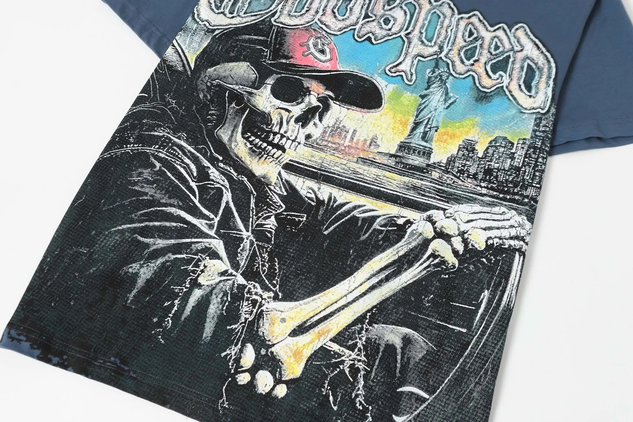 5093#sea blue/apricot P106 Godspeed cross-border American rock and roll street wash retro style short-sleeved T (craft printing) fabric (fabric) 32-count combed double yarn 240 grams weight code (size): S-M-L-XL color (colour): apricot/sea blue