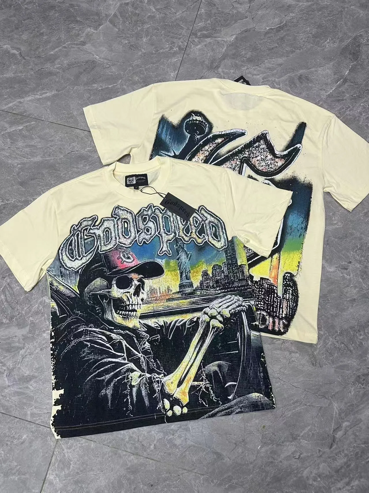 5093#sea blue/apricot P106 Godspeed cross-border American rock and roll street wash retro style short-sleeved T (craft printing) fabric (fabric) 32-count combed double yarn 240 grams weight code (size): S-M-L-XL color (colour): apricot/sea blue