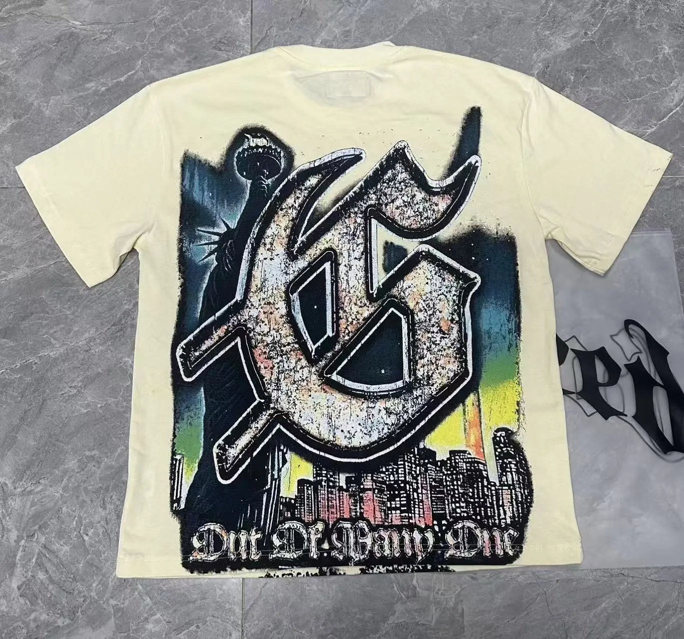 5093#sea blue/apricot P106 Godspeed cross-border American rock and roll street wash retro style short-sleeved T (craft printing) fabric (fabric) 32-count combed double yarn 240 grams weight code (size): S-M-L-XL color (colour): apricot/sea blue