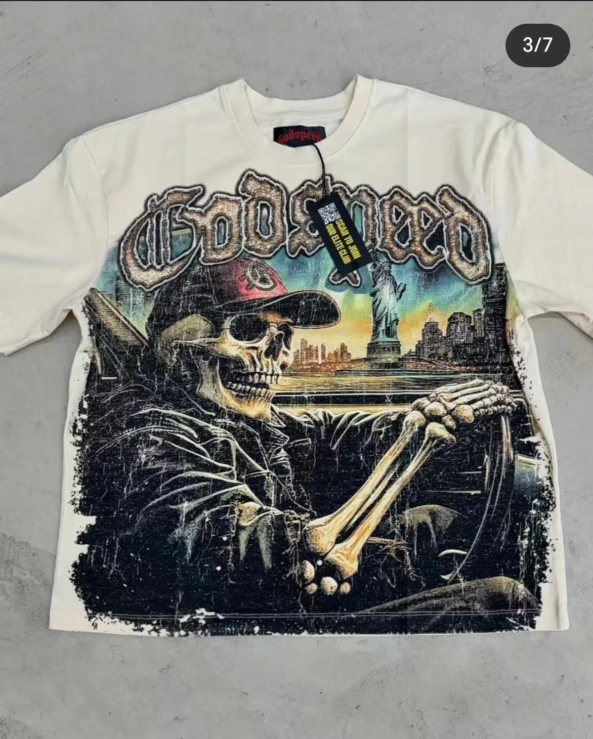 5093#sea blue/apricot P106 Godspeed cross-border American rock and roll street wash retro style short-sleeved T (craft printing) fabric (fabric) 32-count combed double yarn 240 grams weight code (size): S-M-L-XL color (colour): apricot/sea blue