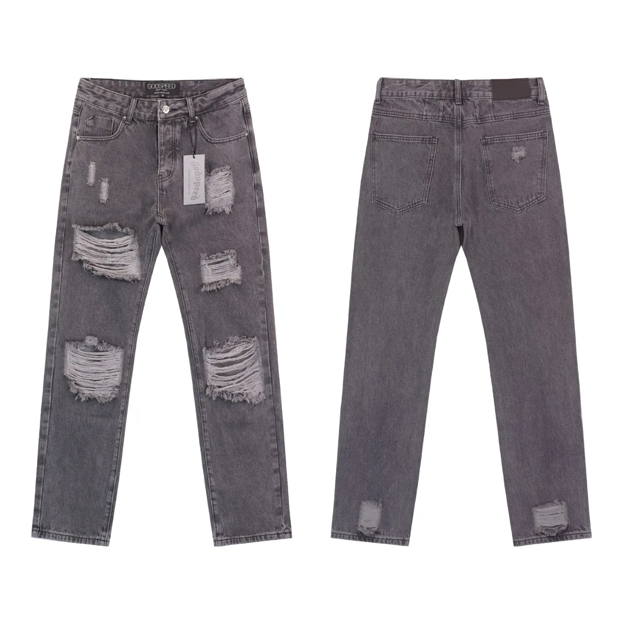 164💰Model No.: 8209 Real shot of the trendy Godspeed denim trousers, loose and trendy denim. Color: smoke gray black light blue. Size 28 (S) 30 (M) 32 (L) 34 (XL) 36 (XXL) 38 (XXXL)