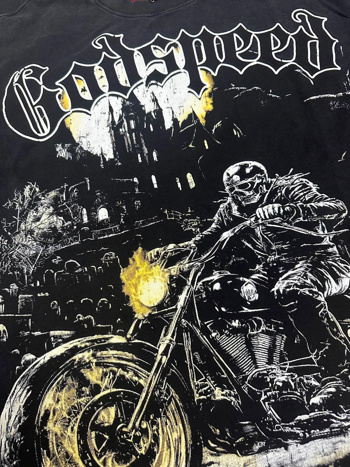 6306# Washed black I P116 Real stock (American fashion niche) Godspeed cross-border American rock street washed retro style short-sleeved T (craft printing) Fabric (fabric): 32 counts combed double yarn 250 grams weight Size (size): S-M-L-XL Color (colour): Washed black