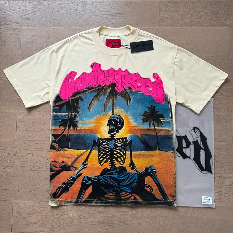 3052# P110 Real shot Godspeed American fashion rock street retro loose printed cotton short sleeves Fabric: 240g 32 count fine cotton double yarn pure cotton Color: apricot Size: S M L XL