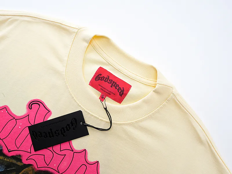 3052# P110 Real shot Godspeed American fashion rock street retro loose printed cotton short sleeves Fabric: 240g 32 count fine cotton double yarn pure cotton Color: apricot Size: S M L XL