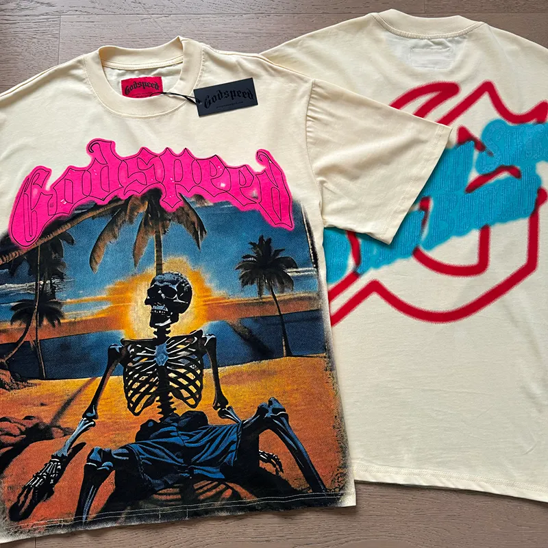 3052# P110 Real shot Godspeed American fashion rock street retro loose printed cotton short sleeves Fabric: 240g 32 count fine cotton double yarn pure cotton Color: apricot Size: S M L XL