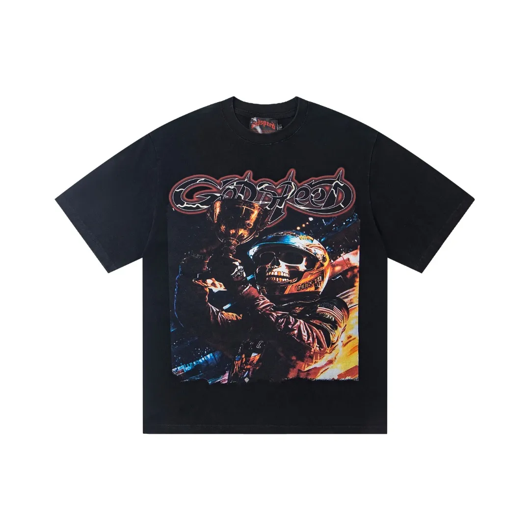 G29# GodSpeed ​​white ink direct spray washed short-sleeved S-XL size black (washed) P126