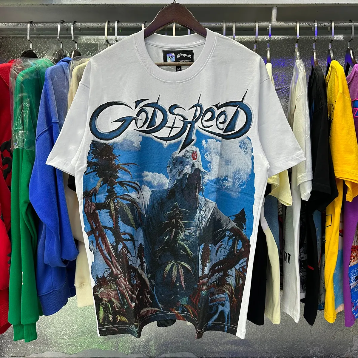 Actual photo, No. 7081, American trendy Godspeed blue sky, white clouds, poppy skull planting print, high weight double yarn pure cotton casual short-sleeved T-shirt, batch 106, color: black, white, brown; size: S M L XL