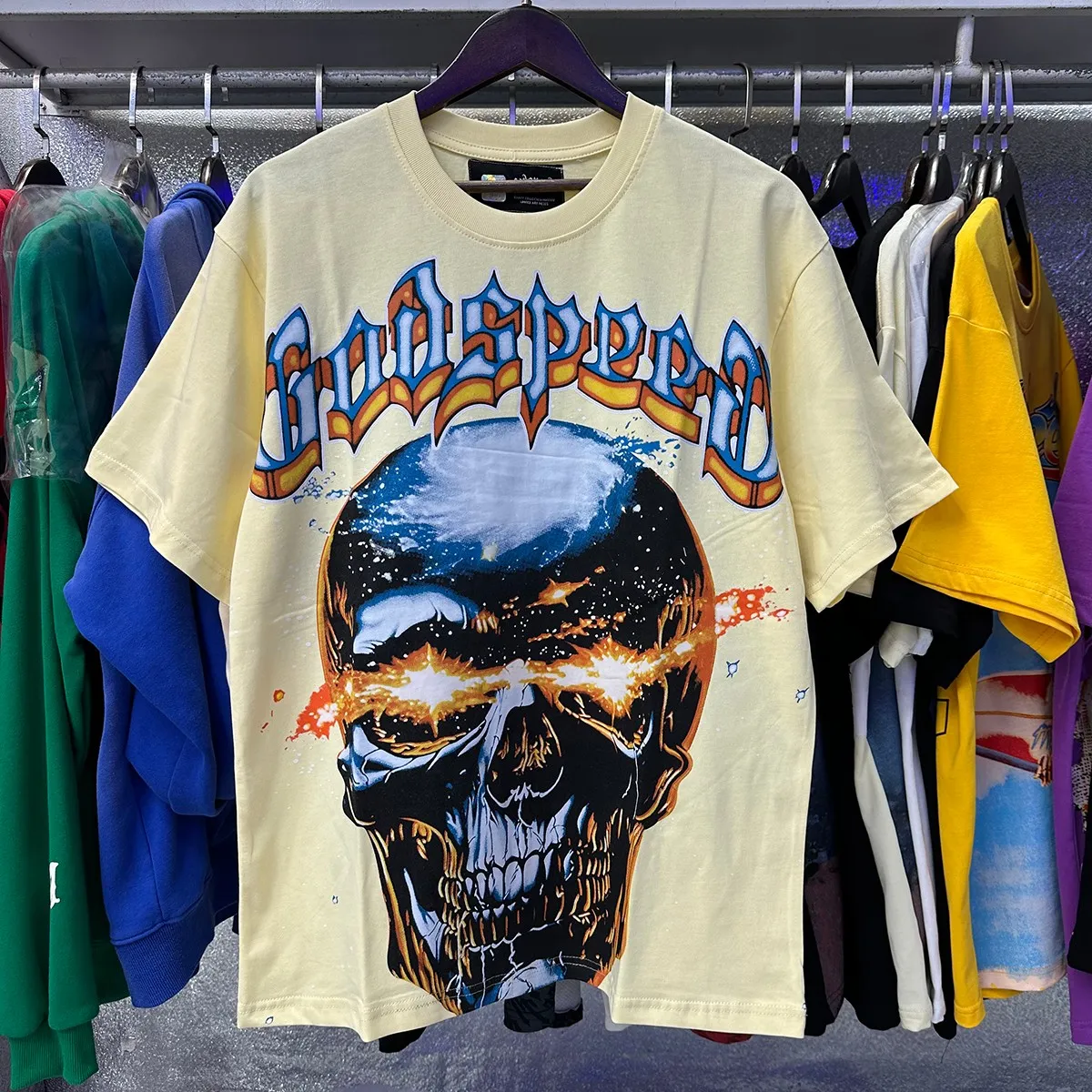 Actual photo, No. 7079, Mechao Godspeed interstellar shock skull print high quality double yarn pure cotton casual short-sleeved T-shirt batch 110 Color: black, apricot; Size: S M L XL