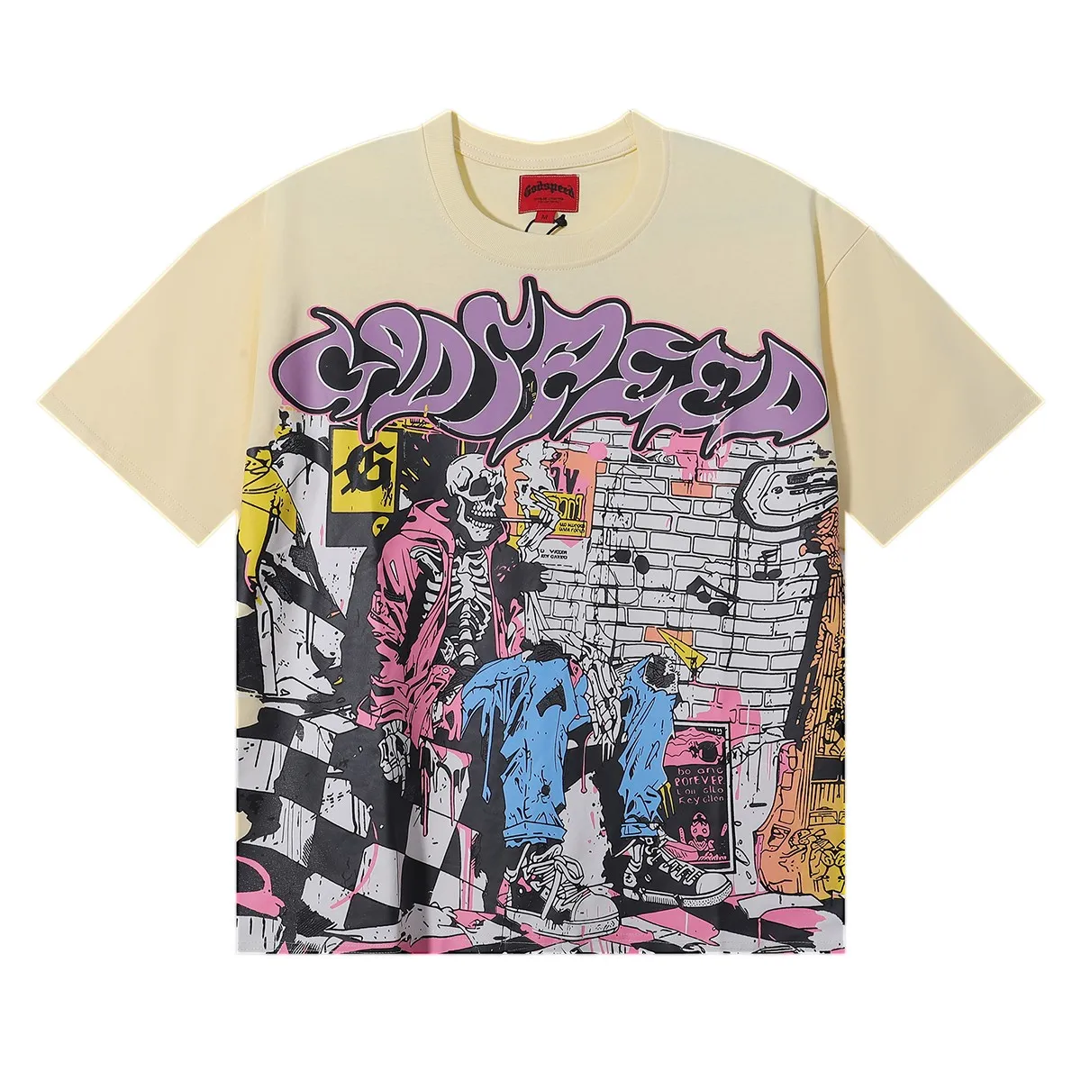No. 7013, American trendy Godspeed graffiti wall skull artist printed high weight double yarn pure cotton casual short-sleeved T-shirt batch 110 Color: black, apricot; Size: S M L XL