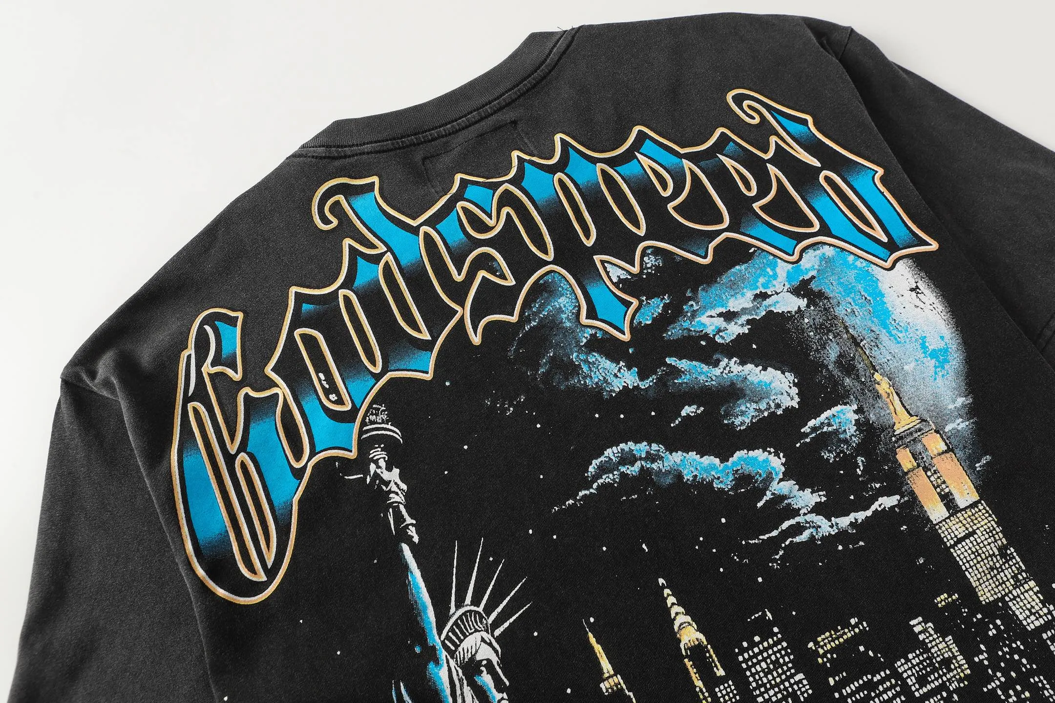 6105#washed black I P116 Godspeed cross-border American rock and roll street washed retro style short-sleeved T (craft printing) fabric (fabric): 32 count combed double yarn 250 grams weight code number (size): S-M-L-XL color (colour): washed black