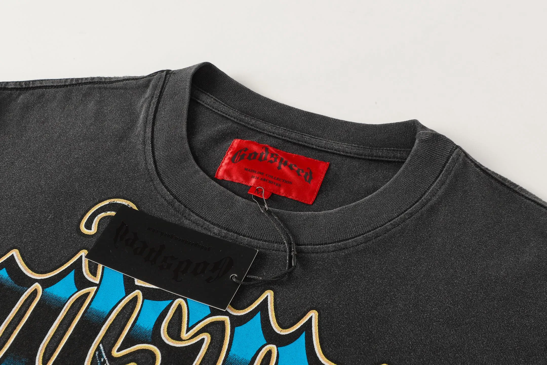 6105#washed black I P116 Godspeed cross-border American rock and roll street washed retro style short-sleeved T (craft printing) fabric (fabric): 32 count combed double yarn 250 grams weight code number (size): S-M-L-XL color (colour): washed black