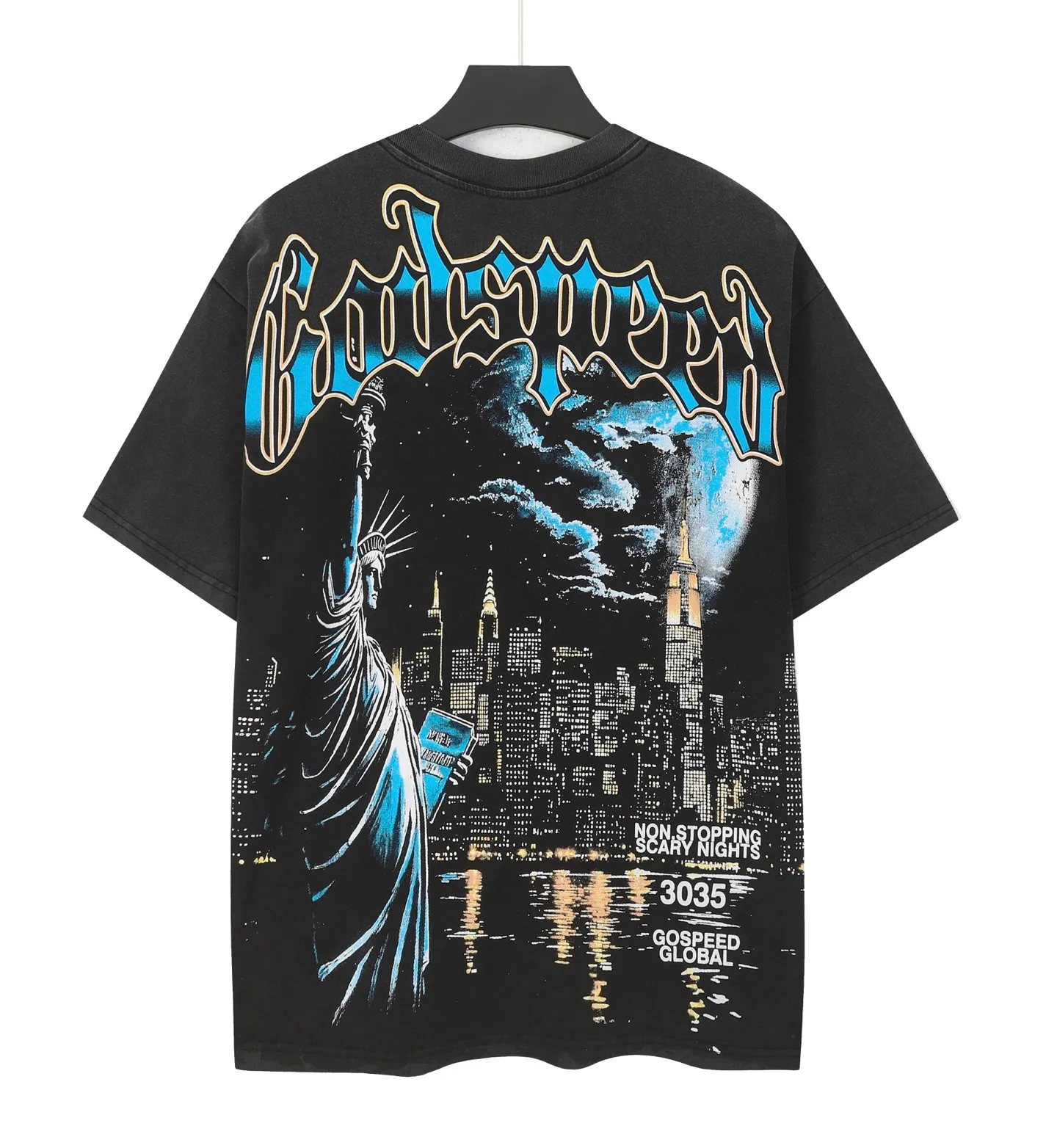 6105#washed black I P116 Godspeed cross-border American rock and roll street washed retro style short-sleeved T (craft printing) fabric (fabric): 32 count combed double yarn 250 grams weight code number (size): S-M-L-XL color (colour): washed black