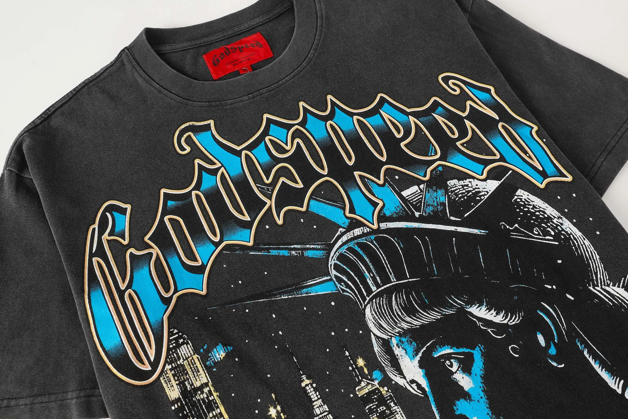 6105#washed black I P116 Godspeed cross-border American rock and roll street washed retro style short-sleeved T (craft printing) fabric (fabric): 32 count combed double yarn 250 grams weight code number (size): S-M-L-XL color (colour): washed black