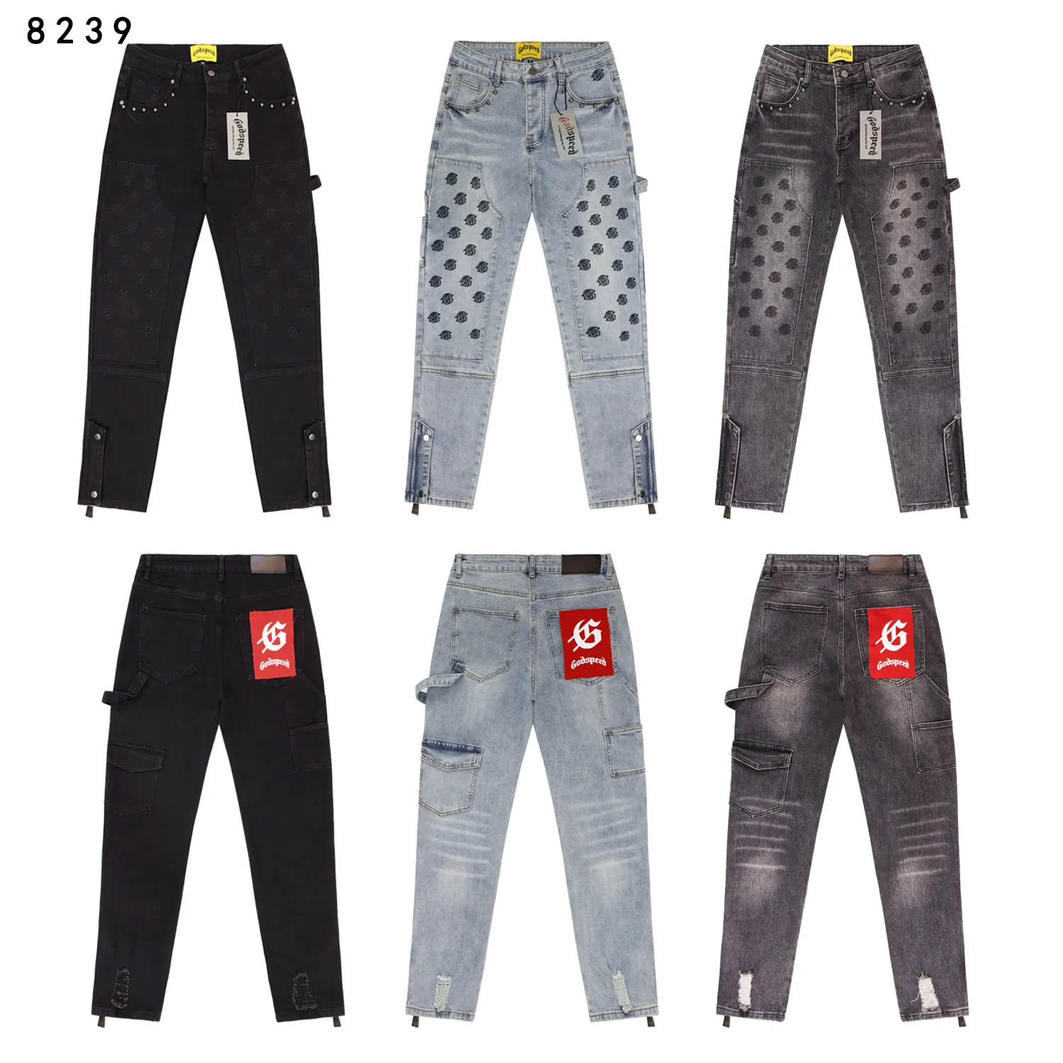 240💰Model No.: 8239 Fabric: Washed stretch denim Real stock Godspeed embroidered denim trousers, trendy brand denim multi-pocket trousers Color: Black Denim Blue Smoke Gray Size 28 (S) 30 (M) 32 (L) 34 (XL) 36 (XXL) 38 (XXXL)