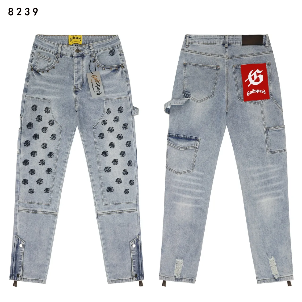 240💰Model No.: 8239 Fabric: Washed stretch denim Real stock Godspeed embroidered denim trousers, trendy brand denim multi-pocket trousers Color: Black Denim Blue Smoke Gray Size 28 (S) 30 (M) 32 (L) 34 (XL) 36 (XXL) 38 (XXXL)