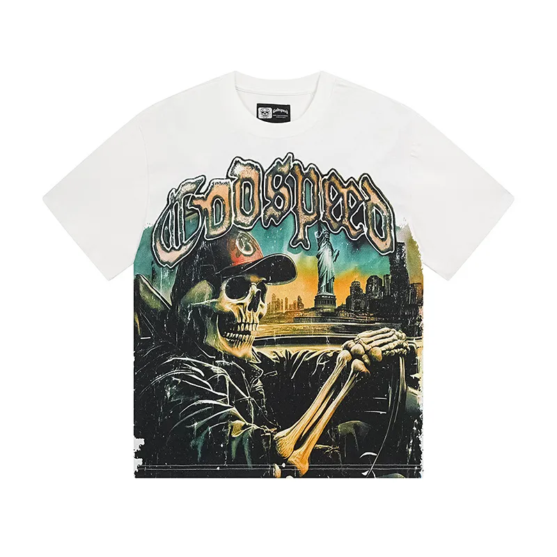 3120# P106 Real shot Godspeed American fashion rock street retro loose printed cotton short sleeves Fabric: 240g 32 count fine cotton double yarn pure cotton Color: off-white Size: S M L XL