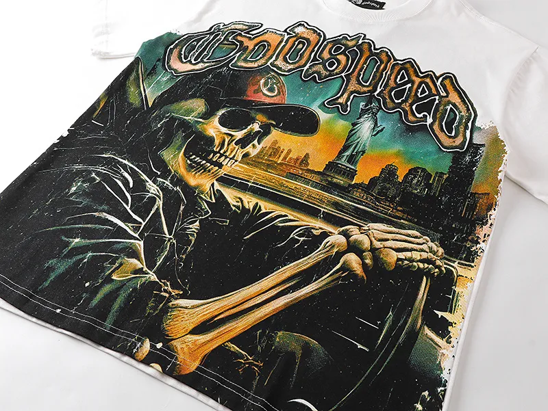 3120# P106 Real shot Godspeed American fashion rock street retro loose printed cotton short sleeves Fabric: 240g 32 count fine cotton double yarn pure cotton Color: off-white Size: S M L XL