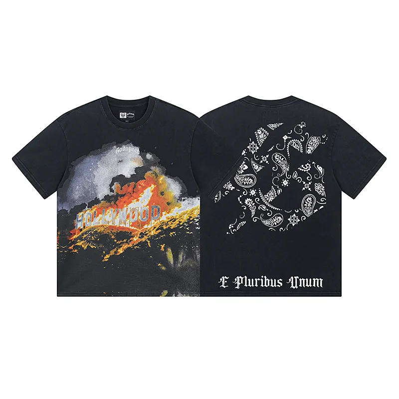 1007# P126 Washed Black Real Shot Godspeed American Fashion Rock Street Retro Washed Distressed Printed Cotton Short Sleeves Fabric: 250g 32 Count Fine Cotton Double Yarn Pure Cotton Color: Washed Black Size: S M L XL