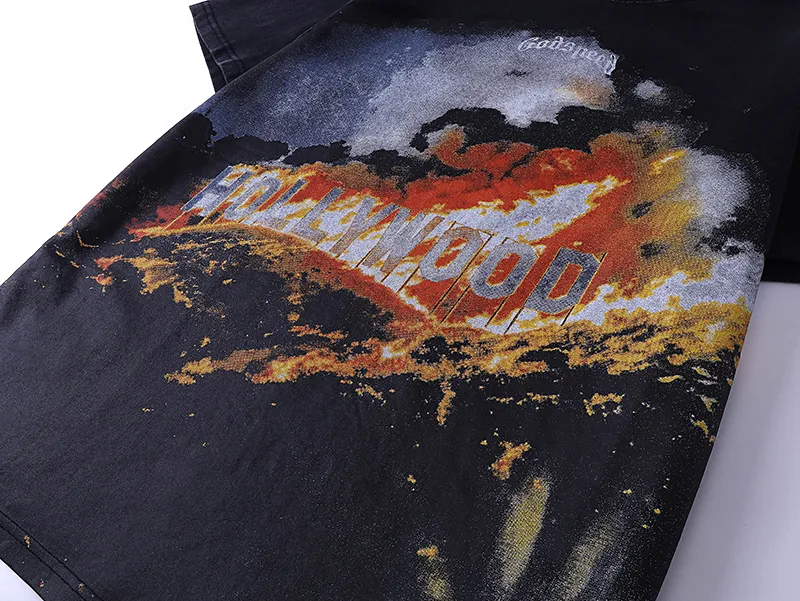 1007# P126 Washed Black Real Shot Godspeed American Fashion Rock Street Retro Washed Distressed Printed Cotton Short Sleeves Fabric: 250g 32 Count Fine Cotton Double Yarn Pure Cotton Color: Washed Black Size: S M L XL