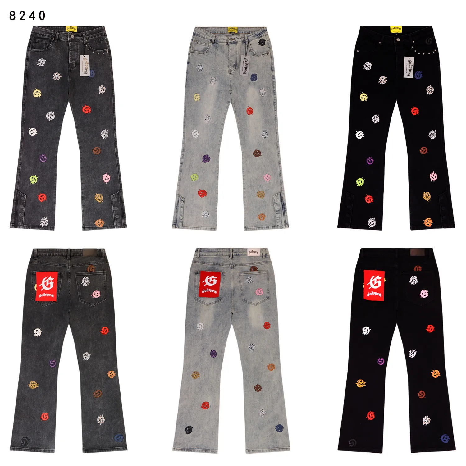 236💰Model No.: 8240 Fabric: Denim Real stock Godspeed embroidered colorful denim trousers, loose trendy brand denim bootcut trousers Color: Washed black Denim blue Smoke gray Size 28 (S) 30 (M) 32 (L) 34 (XL) 36 (XXL) 38 (XXXL)