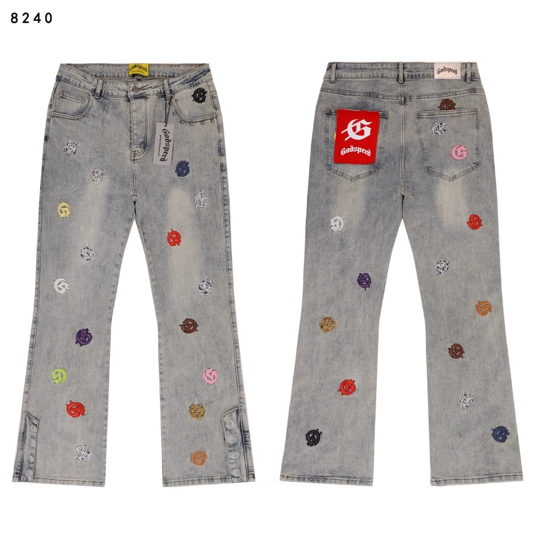 236💰Model No.: 8240 Fabric: Denim Real stock Godspeed embroidered colorful denim trousers, loose trendy brand denim bootcut trousers Color: Washed black Denim blue Smoke gray Size 28 (S) 30 (M) 32 (L) 34 (XL) 36 (XXL) 38 (XXXL)