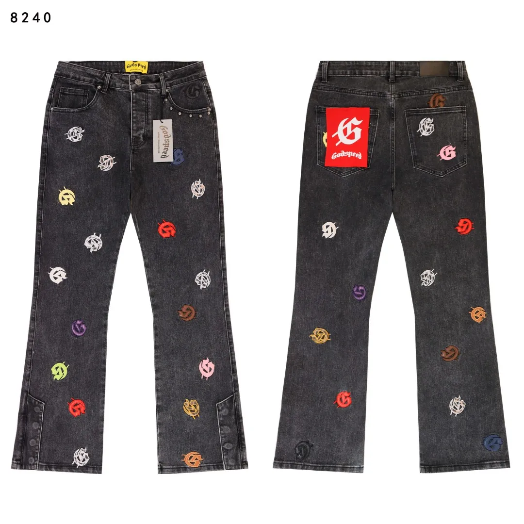 236💰Model No.: 8240 Fabric: Denim Real stock Godspeed embroidered colorful denim trousers, loose trendy brand denim bootcut trousers Color: Washed black Denim blue Smoke gray Size 28 (S) 30 (M) 32 (L) 34 (XL) 36 (XXL) 38 (XXXL)