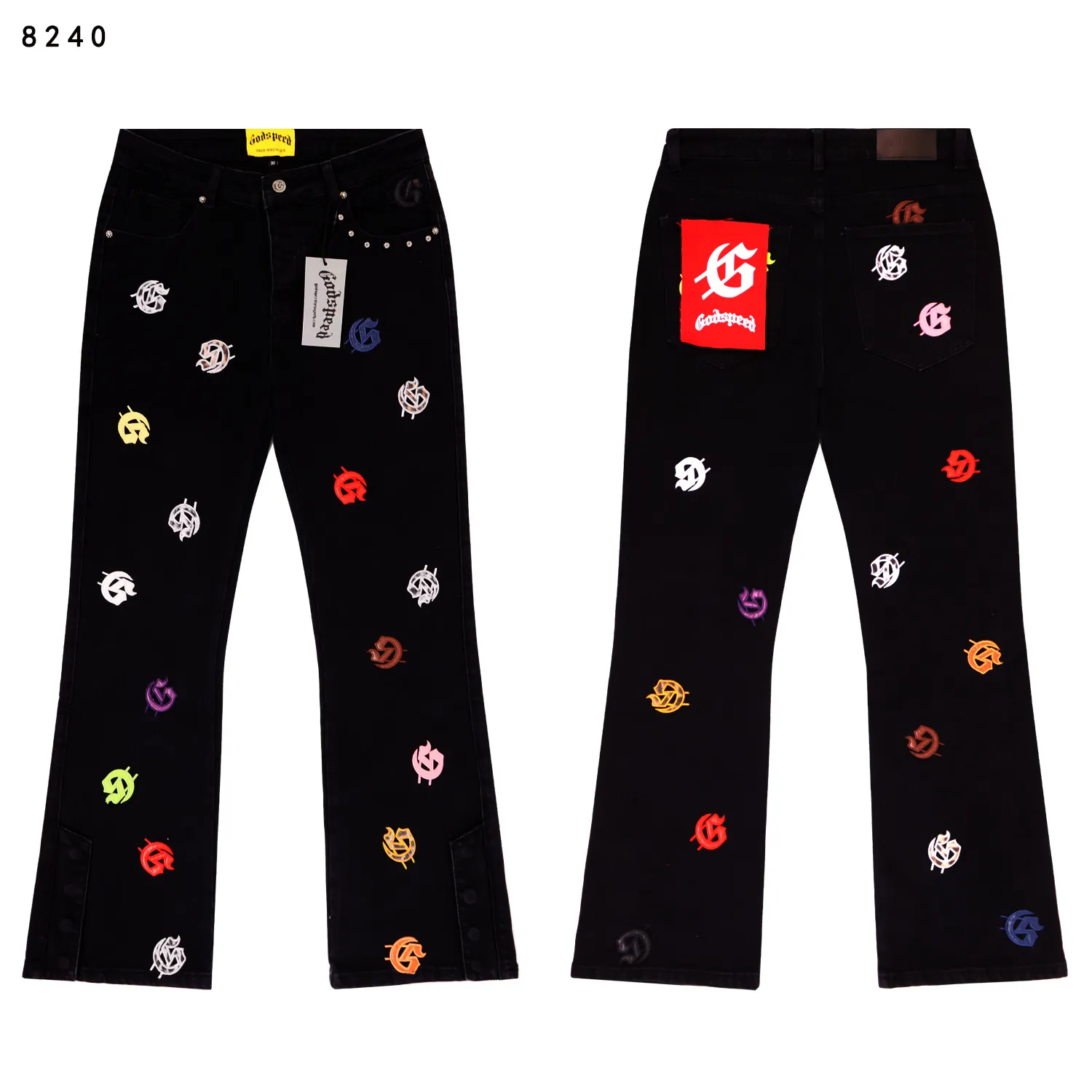 236💰Model No.: 8240 Fabric: Denim Real stock Godspeed embroidered colorful denim trousers, loose trendy brand denim bootcut trousers Color: Washed black Denim blue Smoke gray Size 28 (S) 30 (M) 32 (L) 34 (XL) 36 (XXL) 38 (XXXL)