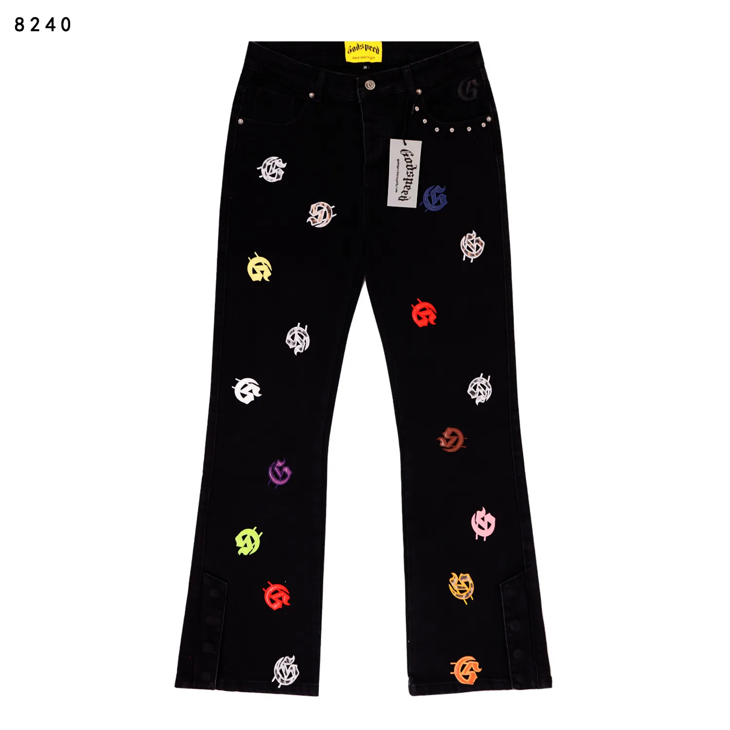 236💰Model No.: 8240 Fabric: Denim Real stock Godspeed embroidered colorful denim trousers, loose trendy brand denim bootcut trousers Color: Washed black Denim blue Smoke gray Size 28 (S) 30 (M) 32 (L) 34 (XL) 36 (XXL) 38 (XXXL)