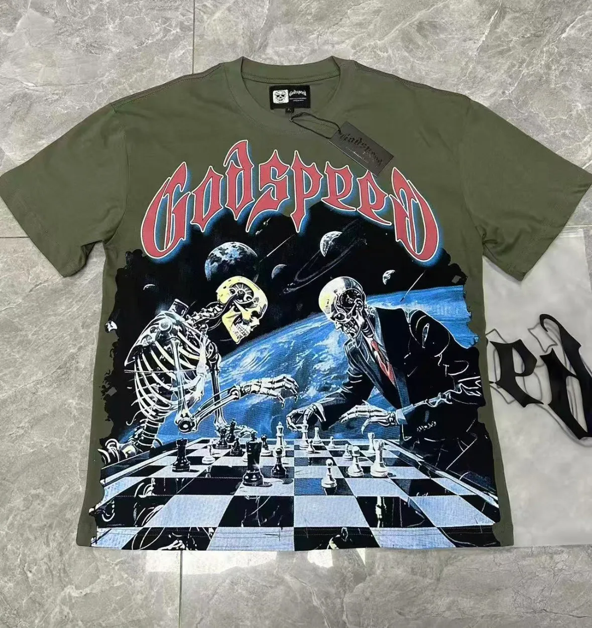 5102#Army Green｜P106 Godspeed cross-border American rock and roll street washed retro style short-sleeved T (craft printing) fabric (fabric): 32-count combed double yarn 240 grams weight code number (size): S-M-L-XL color (colour): military green