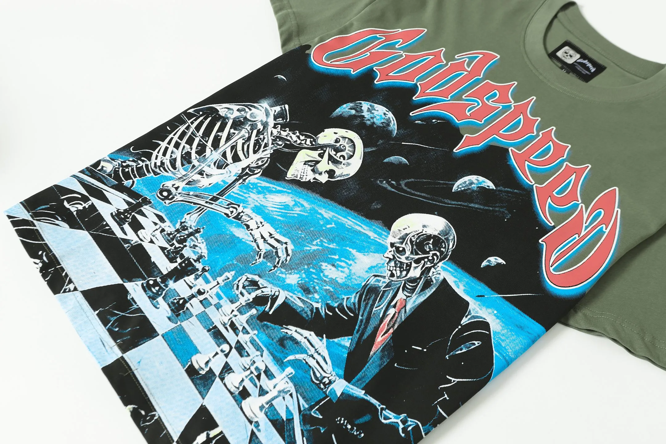 5102#Army Green｜P106 Godspeed cross-border American rock and roll street washed retro style short-sleeved T (craft printing) fabric (fabric): 32-count combed double yarn 240 grams weight code number (size): S-M-L-XL color (colour): military green