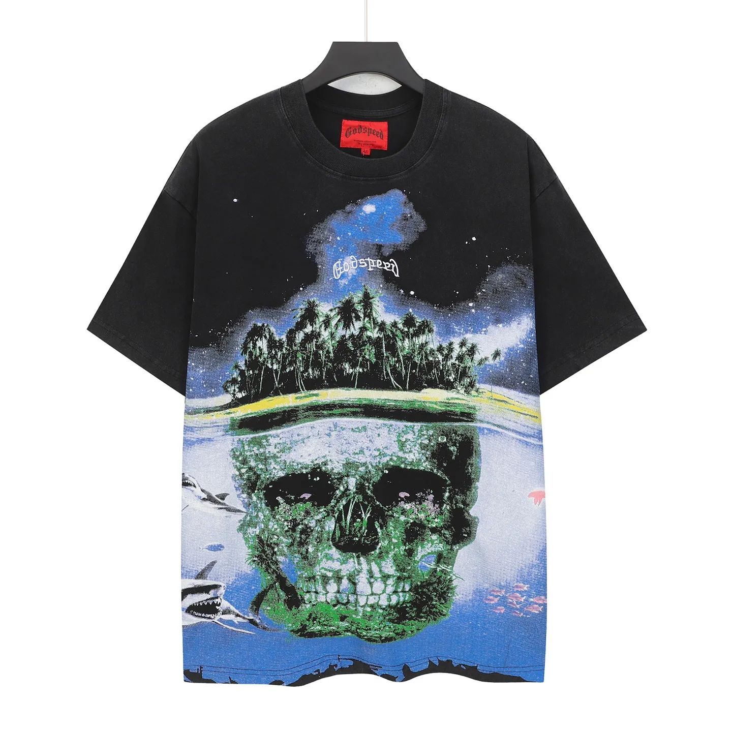 6110#washed black I P116 (HD printing + English embroidery) Godspeed cross-border American rock and roll street washed retro style short-sleeved T (craft printing) fabric (fabric): 32 counts combed double yarn 250 grams weight code (size): S-M-L-XL color (colour): washed black