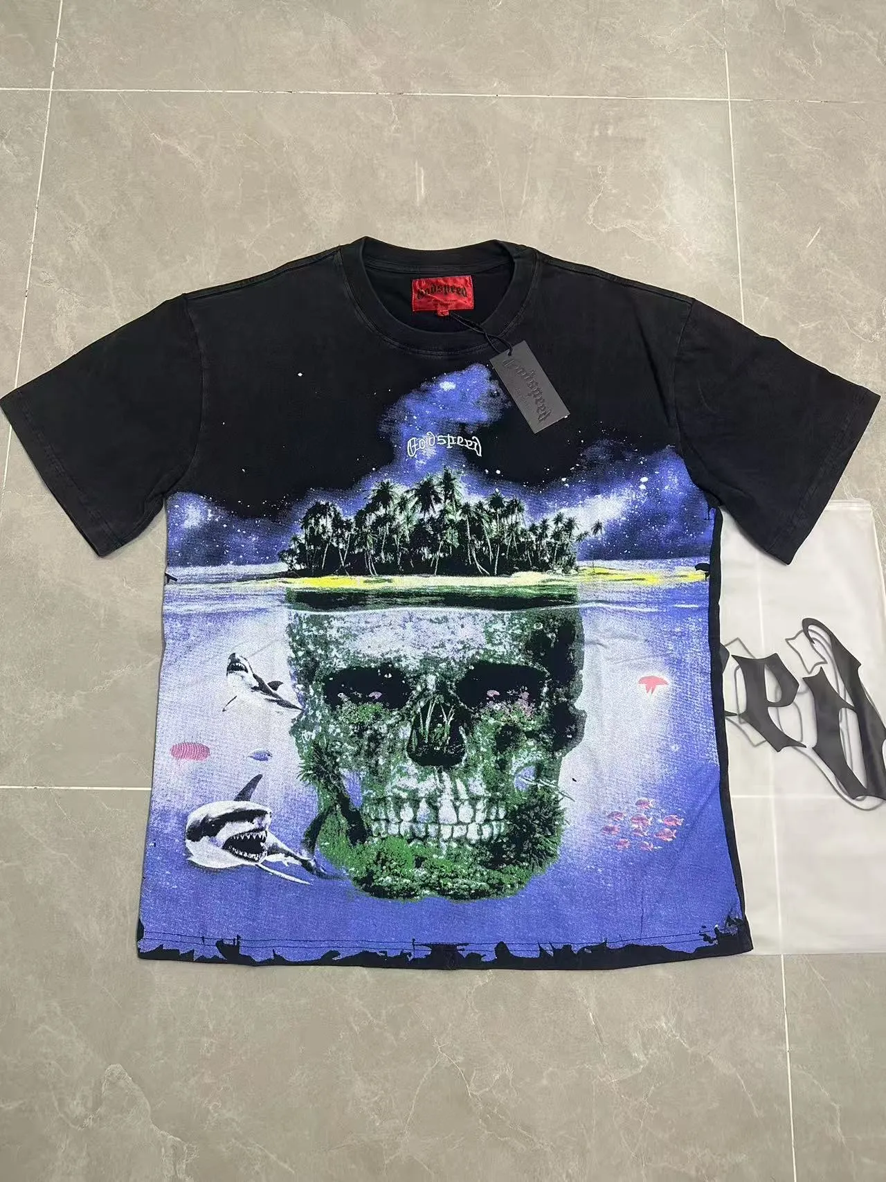6110#washed black I P116 (HD printing + English embroidery) Godspeed cross-border American rock and roll street washed retro style short-sleeved T (craft printing) fabric (fabric): 32 counts combed double yarn 250 grams weight code (size): S-M-L-XL color (colour): washed black