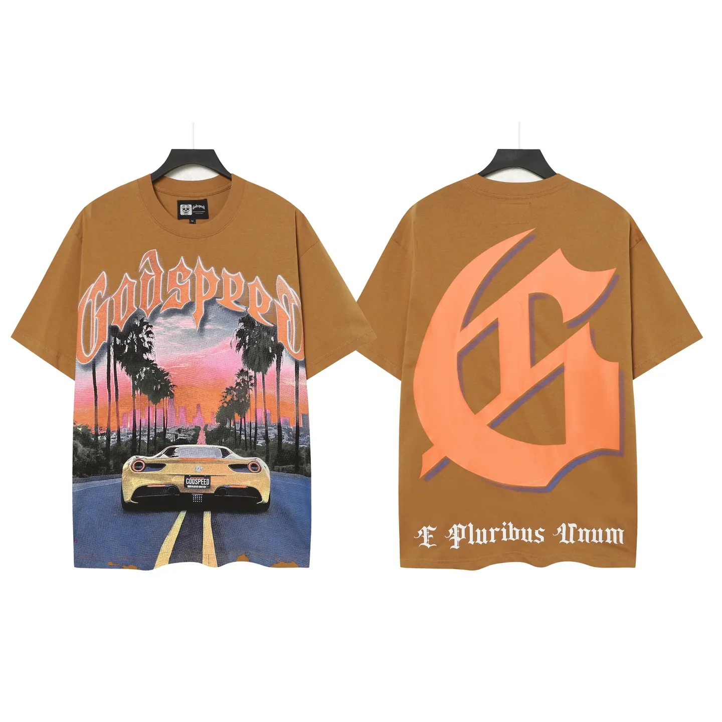 5089# Brown I P104 Godspeed cross-border American rock and roll street washed retro style short-sleeved T (craft printing) fabric (fabric) 32 counts combed double yarn 240 grams weight code number (size): S-M-L-XL color (colour): brown