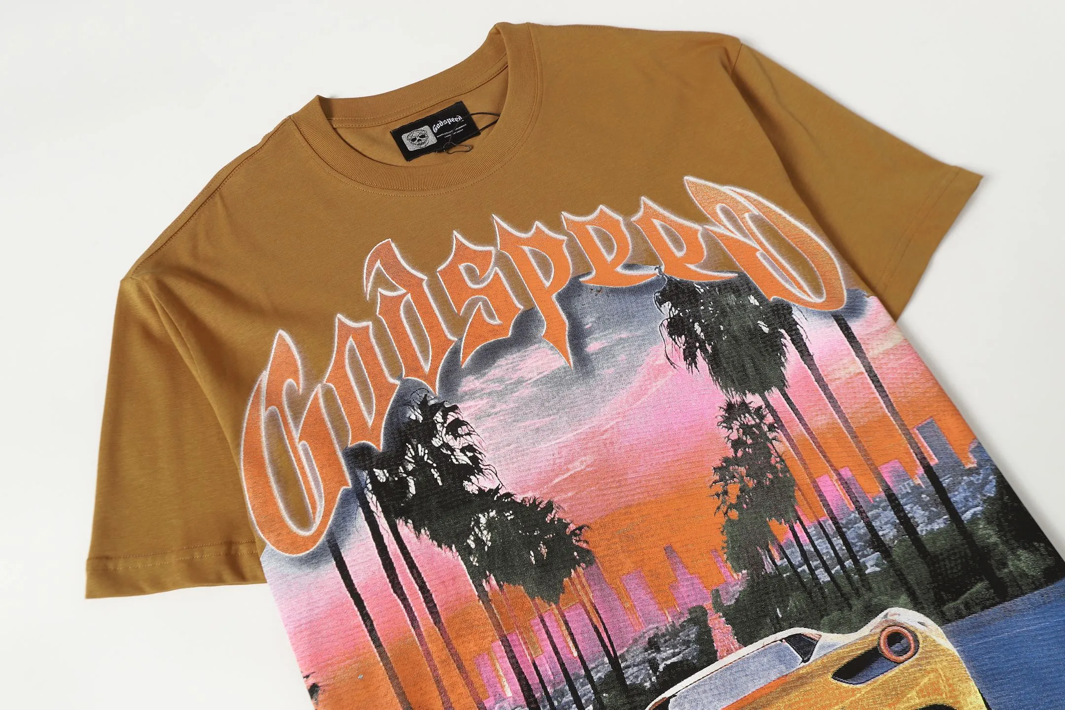 5089# Brown I P104 Godspeed cross-border American rock and roll street washed retro style short-sleeved T (craft printing) fabric (fabric) 32 counts combed double yarn 240 grams weight code number (size): S-M-L-XL color (colour): brown