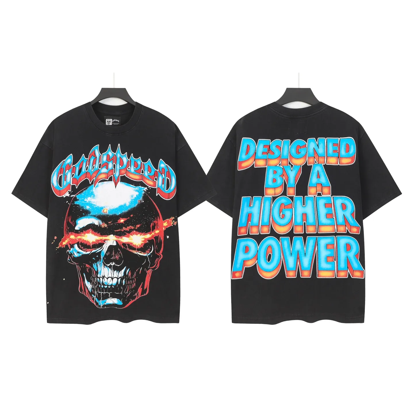 6108# washed black I P116 Godspeed cross-border American rock and roll street washed retro style short-sleeved T (craft printing) fabric (fabric): 32 count combed double yarn 250 grams weight code number (size): S-M-L-XL color (colour): washed black