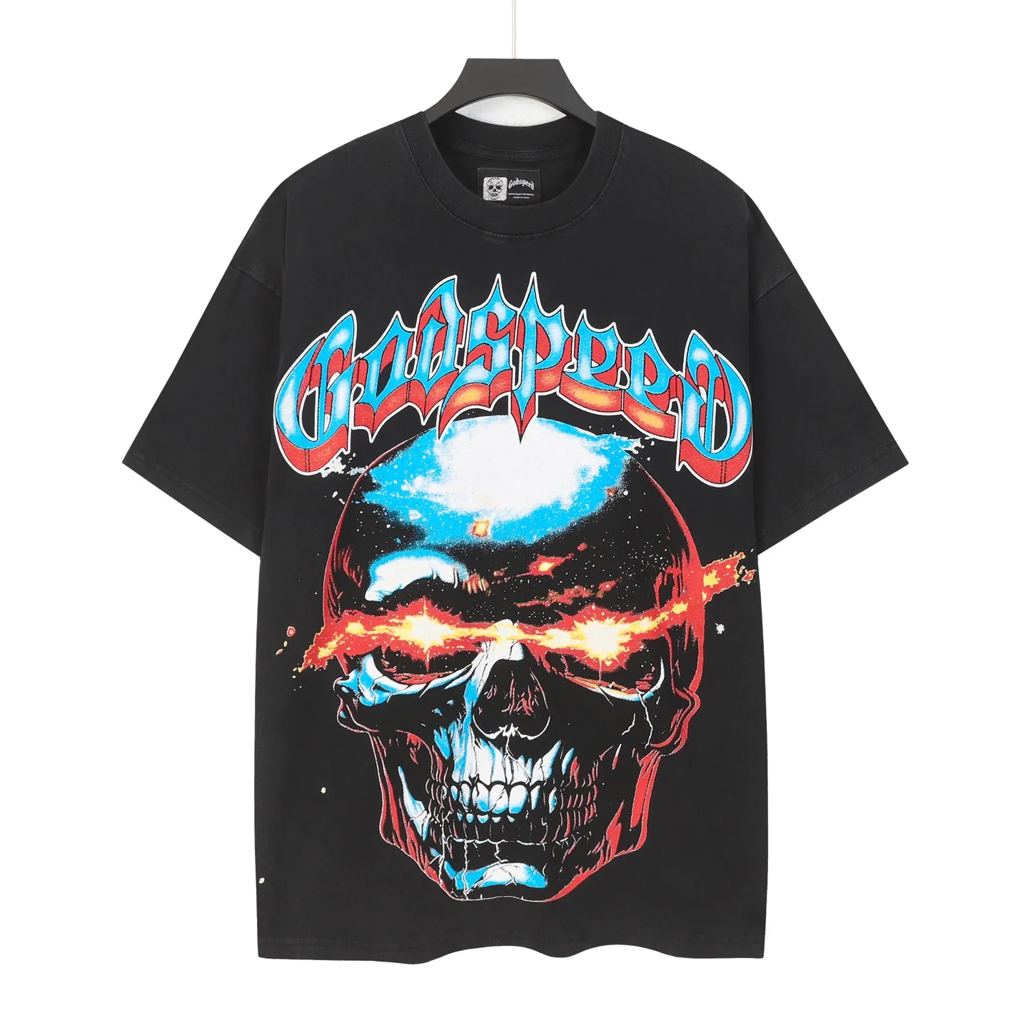 6108# washed black I P116 Godspeed cross-border American rock and roll street washed retro style short-sleeved T (craft printing) fabric (fabric): 32 count combed double yarn 250 grams weight code number (size): S-M-L-XL color (colour): washed black