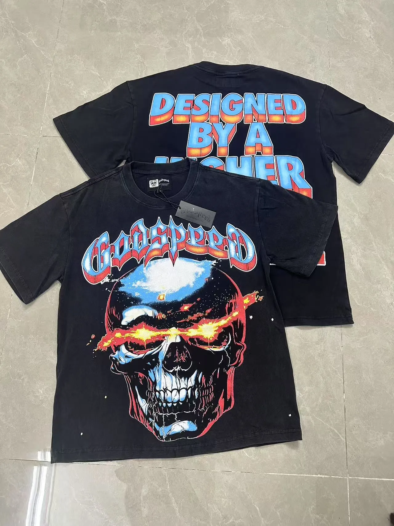 6108# washed black I P116 Godspeed cross-border American rock and roll street washed retro style short-sleeved T (craft printing) fabric (fabric): 32 count combed double yarn 250 grams weight code number (size): S-M-L-XL color (colour): washed black